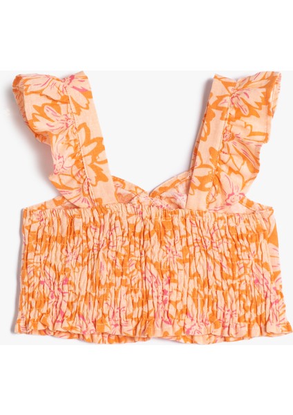 Keten Crop Bluz Kolsuz Çiçekli Gipe Detaylı