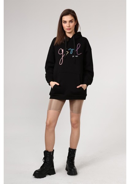 Fancy Kadın Kapüşonlu Yazı Nakışlı Kanguru Yumuşacık İçi Pamuklu Oversize Siyah Sweatshirt