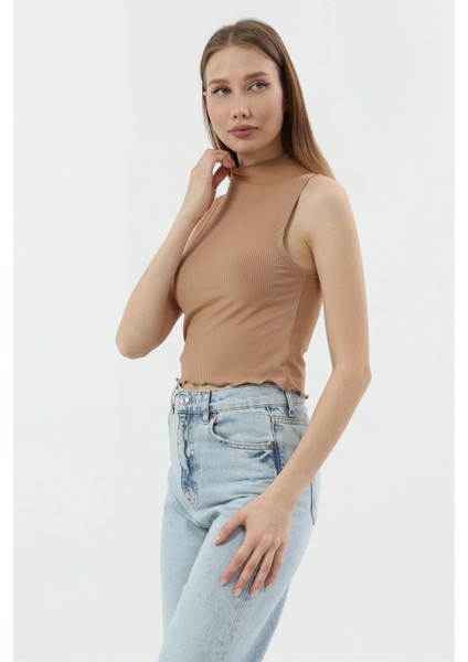 Fancy Kadın Dik Yaka Slim Fit Sıfır Kol Fitilli Crop Bluz