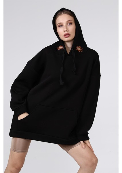 Fancy Kadın Ayıcık Nakış Detaylı Siyah Oversize Sweatshirt