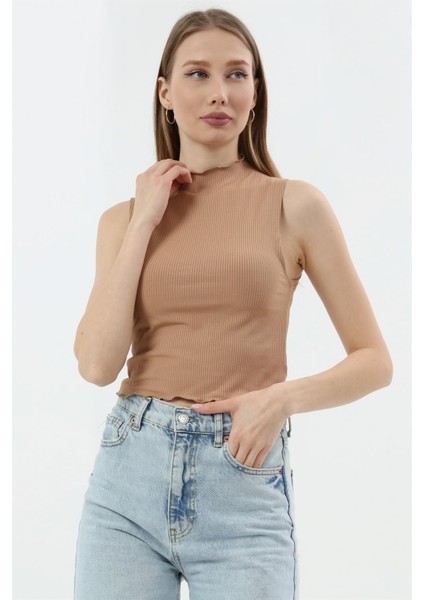 Fancy Kadın Dik Yaka Slim Fit Sıfır Kol Fitilli Crop Bluz