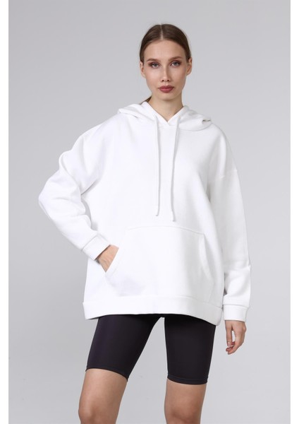 Fancy Kadın Kapüşonlu Yumuşacık İçi Pamuklu Basic Beyaz Oversize Sweatshirt