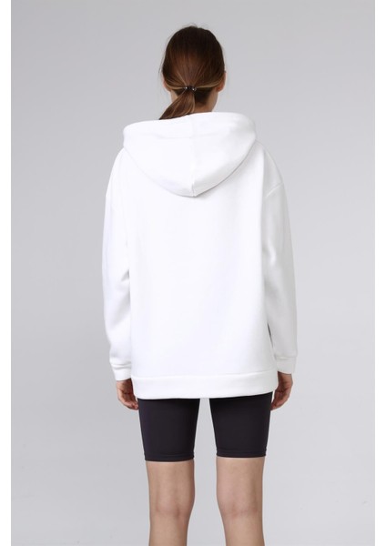 Fancy Kadın Kapüşonlu Yumuşacık İçi Pamuklu Basic Beyaz Oversize Sweatshirt