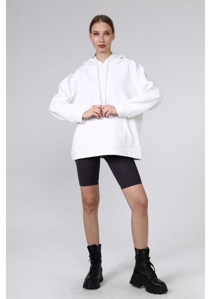 Fancy Kadın Kapüşonlu Yumuşacık İçi Pamuklu Basic Beyaz Oversize Sweatshirt