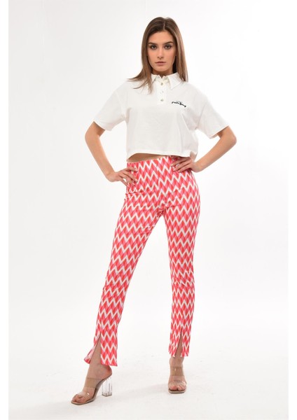Fancy Kadın Yırtmaç Detaylı %100 Polyester Desenli Yüksek Bel Pantolon