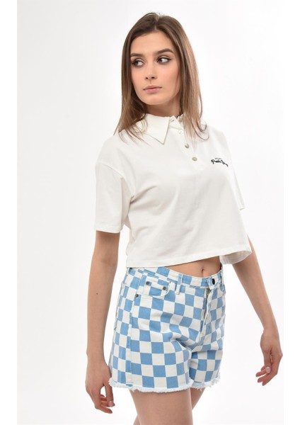 Fancy Kadın Polo Yaka Göğsü Nakış Detaylı Oversize Crop Tişört