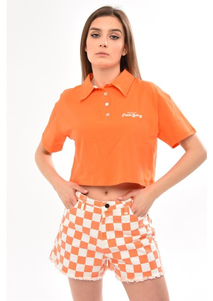 Fancy Kadın Polo Yaka Göğsü Nakış Detaylı Oversize Crop Tişört