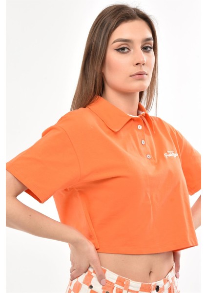 Fancy Kadın Polo Yaka Göğsü Nakış Detaylı Oversize Crop Tişört