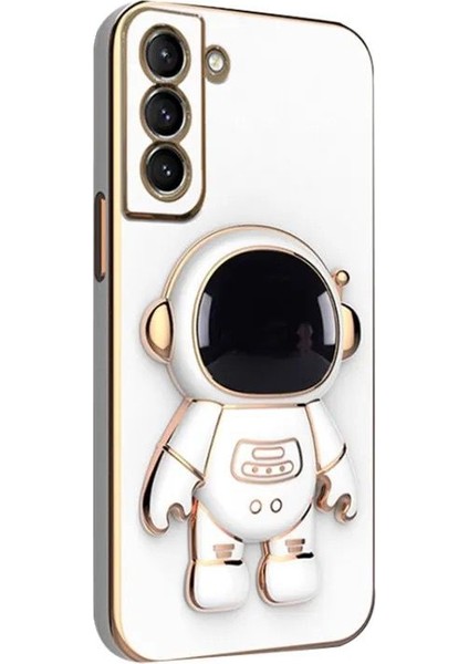 Samsung Galaxy S22 Kılıf Kamera Korumalı Astronot Desenli Standlı Silikon Beyaz