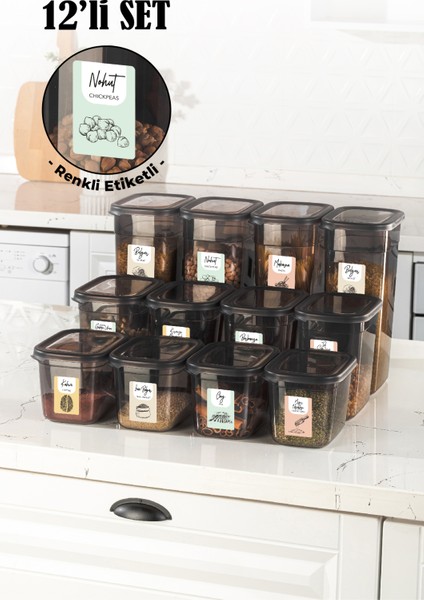 Renkli Etiketli 12LI Set Peggy Dikdörtgen Saklama Kabı 4x(1,3-2-3,2 Litre) Antrasit