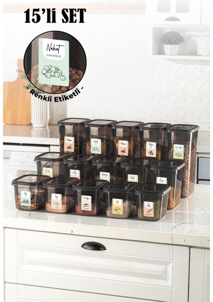 Renkli Etiketli 15LI Set Peggy Dikdörtgen Saklama Kabı 5x(1,3-2-3,2 Litre) Antrasit