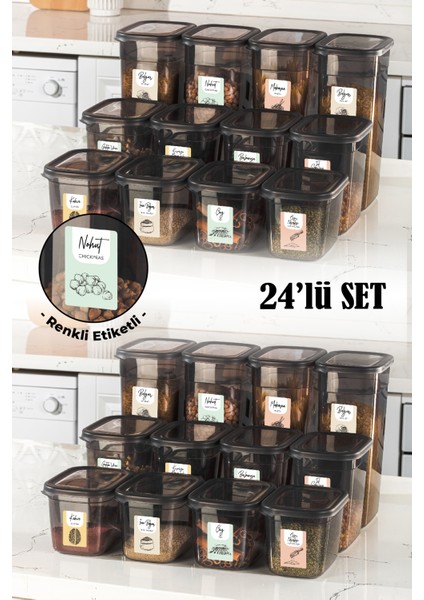 Renkli Etiketli 24LÜ Set Peggy Dikdörtgen Saklama Kabı 8x(1,3-2-3,2 Litre) Antrasit