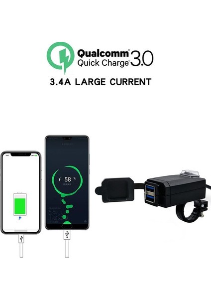 Chembo Motosiklet Çift USB Şarj Cihazı Qc 3.0 Cep Telefonu Şarj Cihazı Hızlı Şarj Cihazı 12-24V Evrensel Anahtarlı () (Yurt Dışından)