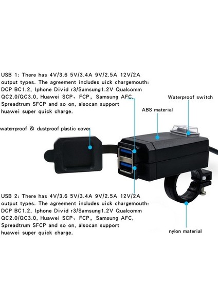Chembo Motosiklet Çift USB Şarj Cihazı Qc 3.0 Cep Telefonu Şarj Cihazı Hızlı Şarj Cihazı 12-24V Evrensel Anahtarlı () (Yurt Dışından) fiyatları