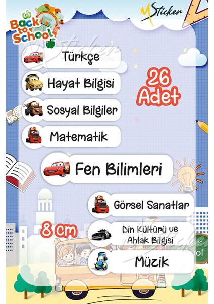 Okul Ders Etiketi Cars Temalı 26 Adet 8 cm Okul Ders Etiketi