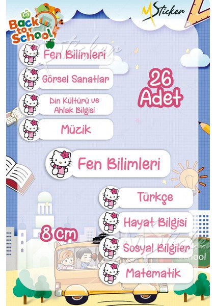 Okul Ders Etiketi Hello Kitty Temalı 26 Adet 8 cm Okul Ders Etiketi