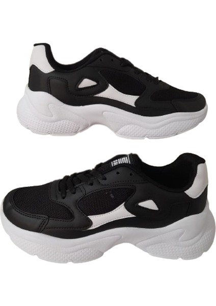 Siyah-Beyaz-Figürlü Bağcıklı Kadın Günlük Şık Spor Ayakkabı