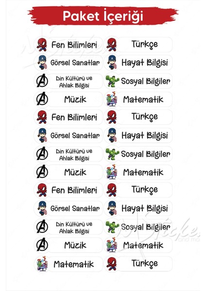 Okul Ders Etiketi Marvel Temalı 26 Adet 8 cm Okul Ders Etiketi