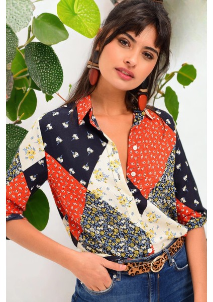 Kadın Patchwork Klasik Yaka Uzun Kol Gömlek