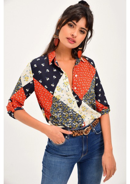 Kadın Patchwork Klasik Yaka Uzun Kol Gömlek modelleri