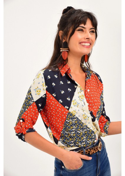 Kadın Patchwork Klasik Yaka Uzun Kol Gömlek fırsatları