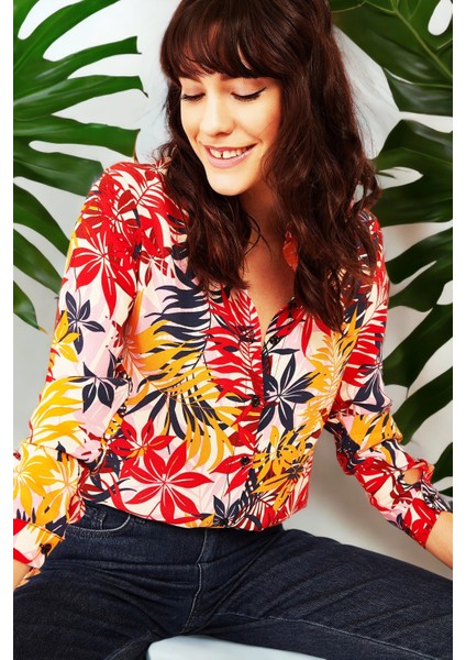 Kadın Klasik Yaka, ÇiçekliÇok Renkli, Gömlek