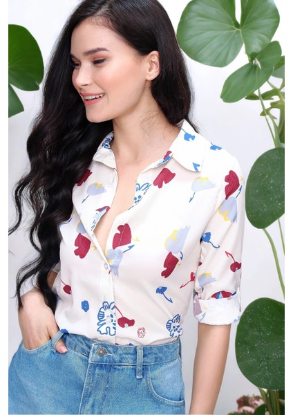 Kadın Klasik Yaka Uzun Kol Gömlek, Düz Kesim