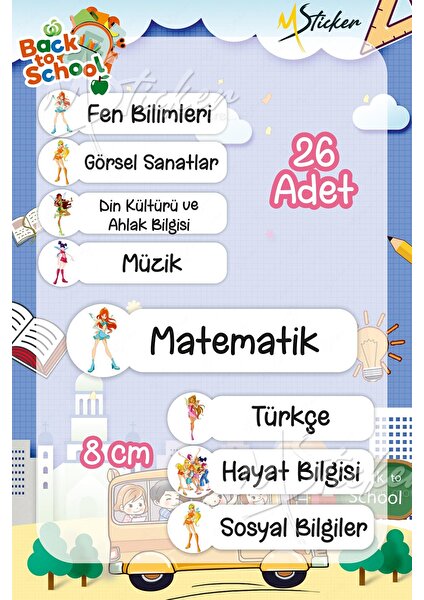 Okul Ders Etiketi Winx Temalı 26 Adet 8 cm Okul Ders Etiketi