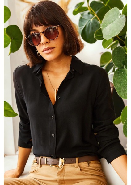 Kadın Siyah Rahat Klasik Yaka Uzun Kol Gömlek