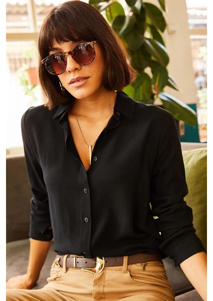 Kadın Siyah Rahat Klasik Yaka Uzun Kol Gömlek modelleri