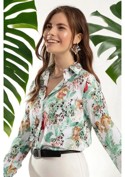 Kadın Yeşil Klasik Yaka, Çiçek Desenli, Uzun Kol, Regular Kesim Standart Boy Gömlek.