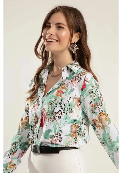 Kadın Yeşil Klasik Yaka, Çiçek Desenli, Uzun Kol, Regular Kesim Standart Boy Gömlek. fiyatları