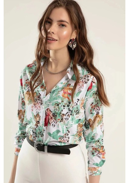 Kadın Yeşil Klasik Yaka, Çiçek Desenli, Uzun Kol, Regular Kesim Standart Boy Gömlek. modelleri