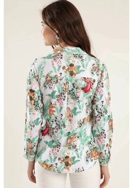 Kadın Yeşil Klasik Yaka, Çiçek Desenli, Uzun Kol, Regular Kesim Standart Boy Gömlek. fırsatları