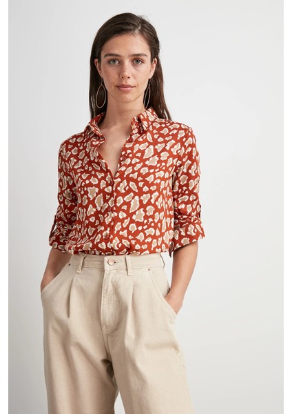 Kadın Kiremit Klasik Yaka, Uzun Kol, Desenli, Regular Kesim, Standart Boy Gömlek modelleri
