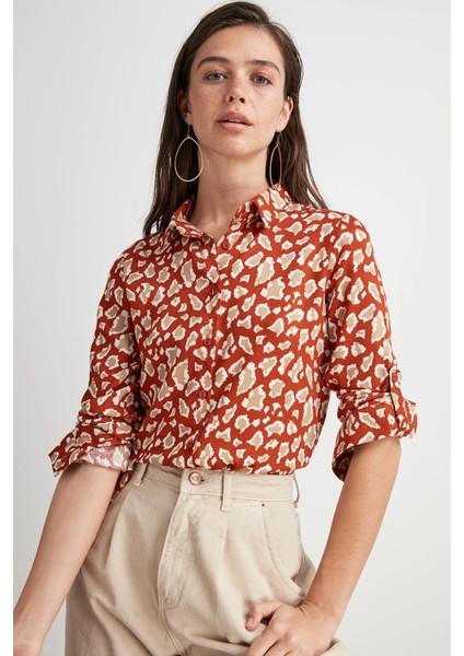 Kadın Kiremit Klasik Yaka, Uzun Kol, Desenli, Regular Kesim, Standart Boy Gömlek fırsatları
