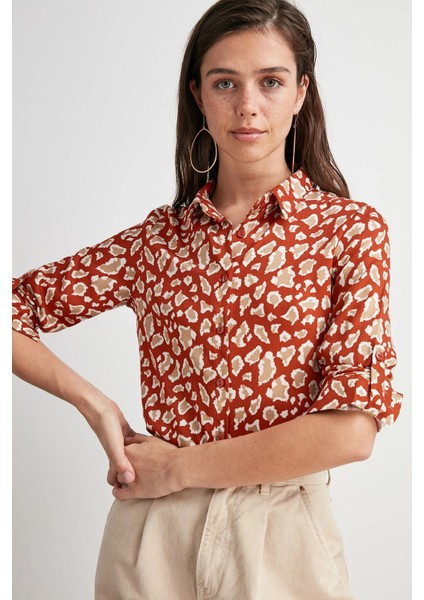 Kadın Kiremit Klasik Yaka, Uzun Kol, Desenli, Regular Kesim, Standart Boy Gömlek indirimleri