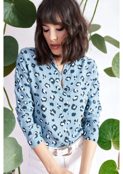 Kadın Mavi Iki Renkli Desenli Uzun Kol Regular Kesim Standart Boy Gömlek