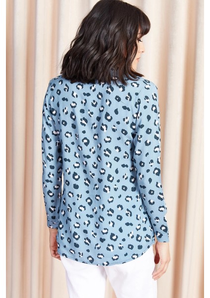 Kadın Mavi Iki Renkli Desenli Uzun Kol Regular Kesim Standart Boy Gömlek fiyatları