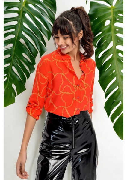 Kadın Kırmızı Zincir Uzun Kol Gömlek