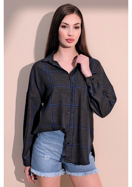 Kadın Antrasit & Uzun Kol Ekose Yumuşak Dokulu Oversize Kesim Gömlek modelleri