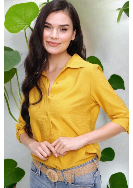 Kadın Hardal Klasik Yaka Uzun Kol Regular Kesim Gömlek