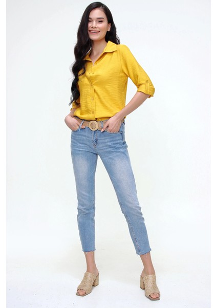 Kadın Hardal Klasik Yaka Uzun Kol Regular Kesim Gömlek fiyatları