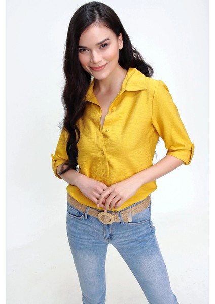 Kadın Hardal Klasik Yaka Uzun Kol Regular Kesim Gömlek modelleri