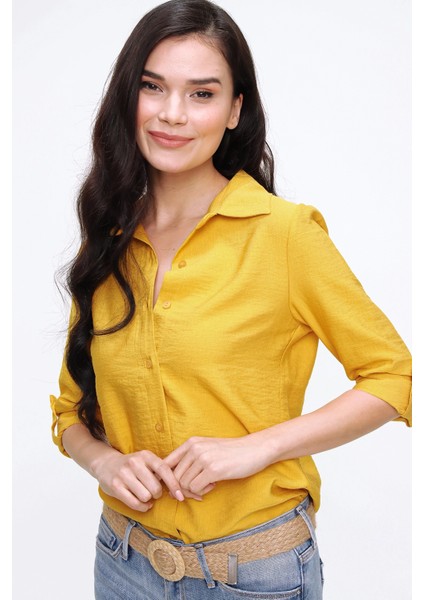 Kadın Hardal Klasik Yaka Uzun Kol Regular Kesim Gömlek indirimleri
