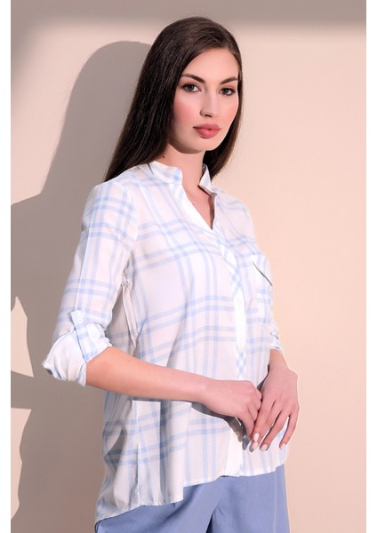 Kadın Uzun Kol Yeni Moda Ekose Tek Cep Hakim Yaka Gömlek