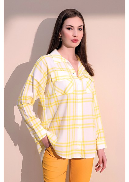 Kadın Uzun Kol Şık Salaş Ekose Çift Cep Gömlek