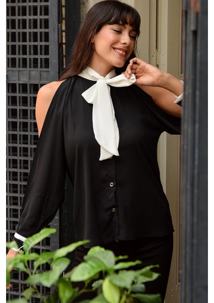 Kadın Fular Detaylı Krep Gömlek Kol Yırtmaçlı Iki Renk Uzun Kol Kumaş