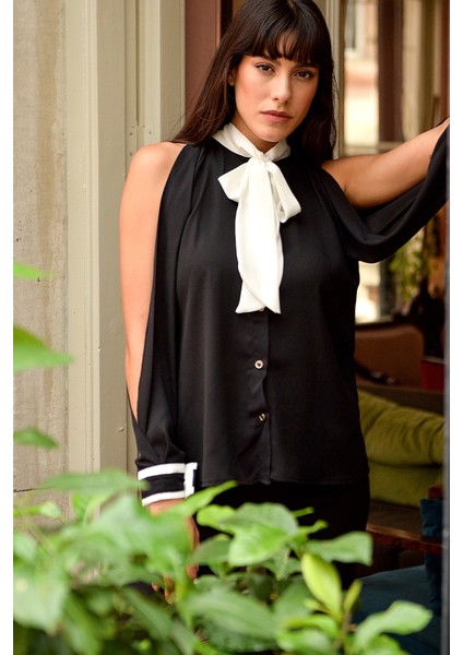 Kadın Fular Detaylı Krep Gömlek Kol Yırtmaçlı Iki Renk Uzun Kol Kumaş fiyatları