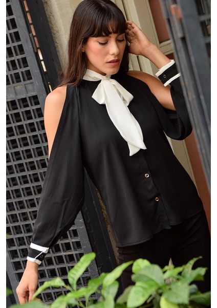 Kadın Fular Detaylı Krep Gömlek Kol Yırtmaçlı Iki Renk Uzun Kol Kumaş fırsatları